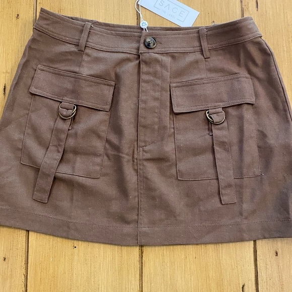 Brown Mini Skirt Pockets New Medium Sage the Label Linen & Cotton - Picture 1 of 12